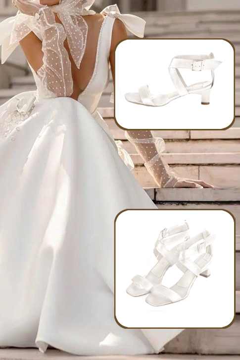 Women's pure white elegant fully open cross straps sandals. Square toe. Low kitten heels - Top view